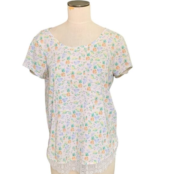 Lauren Conrad Pineapple Print Eyelash Lace Tie Back Top Sz L #135A - Picture 2 of 10